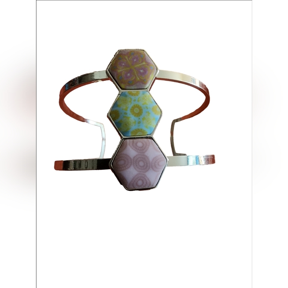 3 hexagon bezels with handcrafted polymer clay inlays